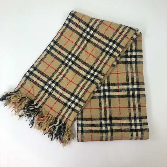 Vintage Burberry’s London Nova Check Plaid Tan Wool Fringe Scarf - Picture 3 of 16